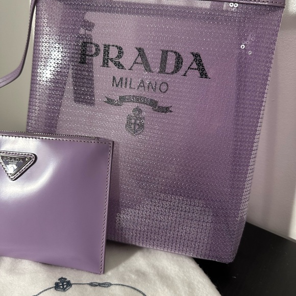 PRADA Logo Sequined Small Lily Tote Mesh Semi Transparent w Pouch Purple NWT NEW - Picture 4 of 7